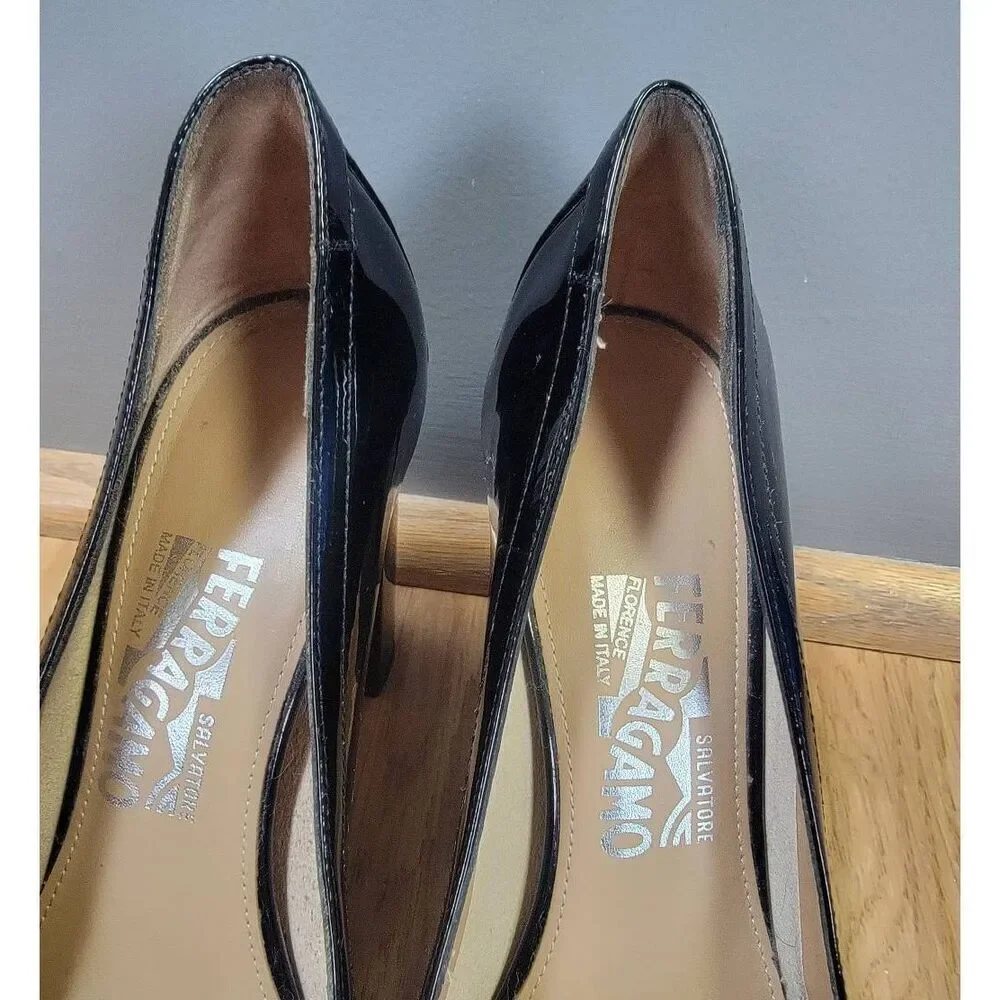 Salvatore Ferrangamo  Black Patent  Leather Ena Gancini Block Heel 8.5